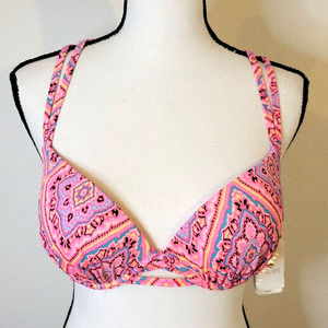 NWT Shade and Shore Coral Blue Yellow Paisley Push up Halter Swim Top Sz 36C